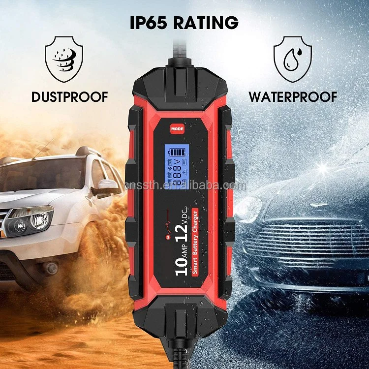 LiFePO 6V 12V 10A Chargeur de batterie de voiture intelligent étanche avec écran LCD.