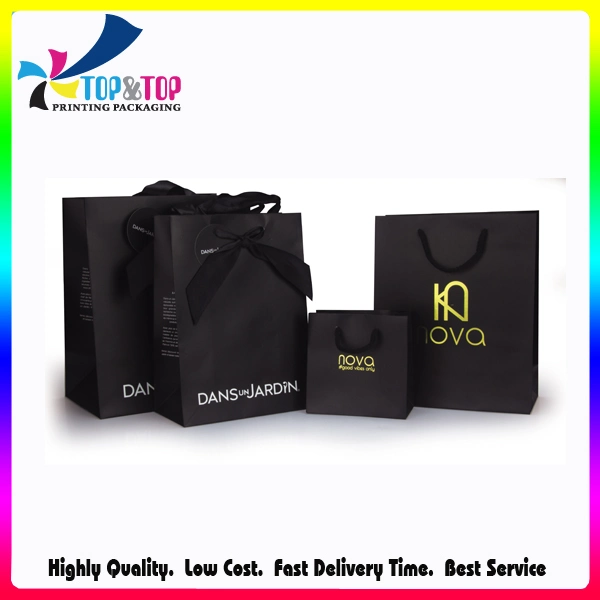 Custom Black Cardboard Printed Gift Shopping Packaging Luxury Paper Bag with Ribbon