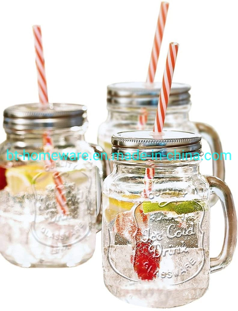 Wholesale/Supplier 16oz Mason Jar Jug with Handle and Straw Old Fashioned Drinking Mug Jar for Jam Jelly Honey Juice Beer Water Daily Use