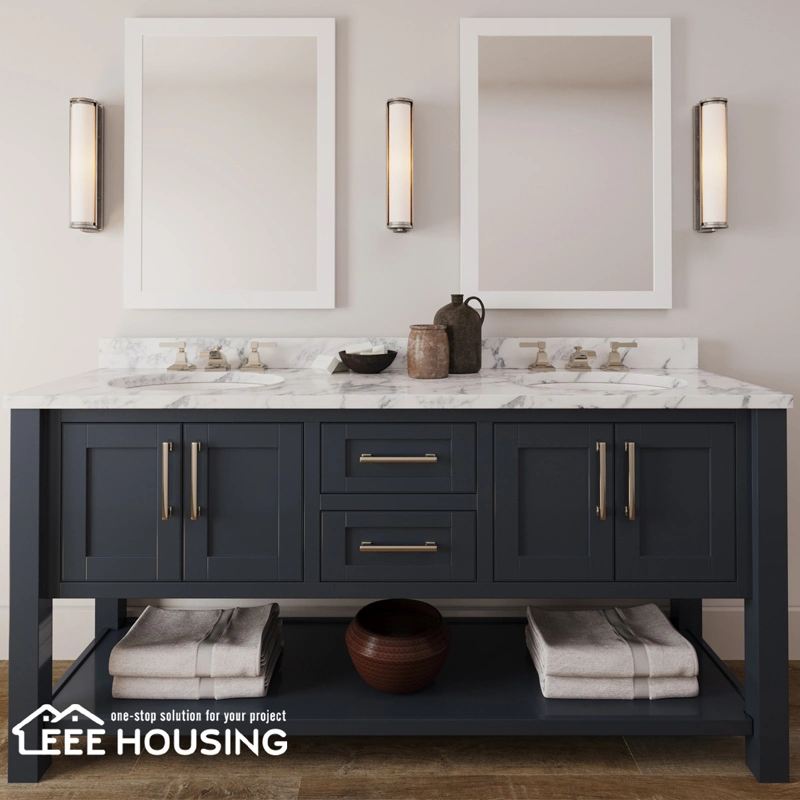 Modern Solid Wood Dark Blue Shaker Style Bathroom Cabinet Vanity Modern Style Classic Antique Floor Mounted Include Quartz Stone Countertops