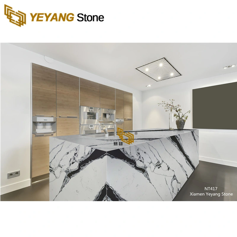 Panda les veines de quartz blanc noir Quartz dalles pour comptoir de cuisine de l'île en cascade