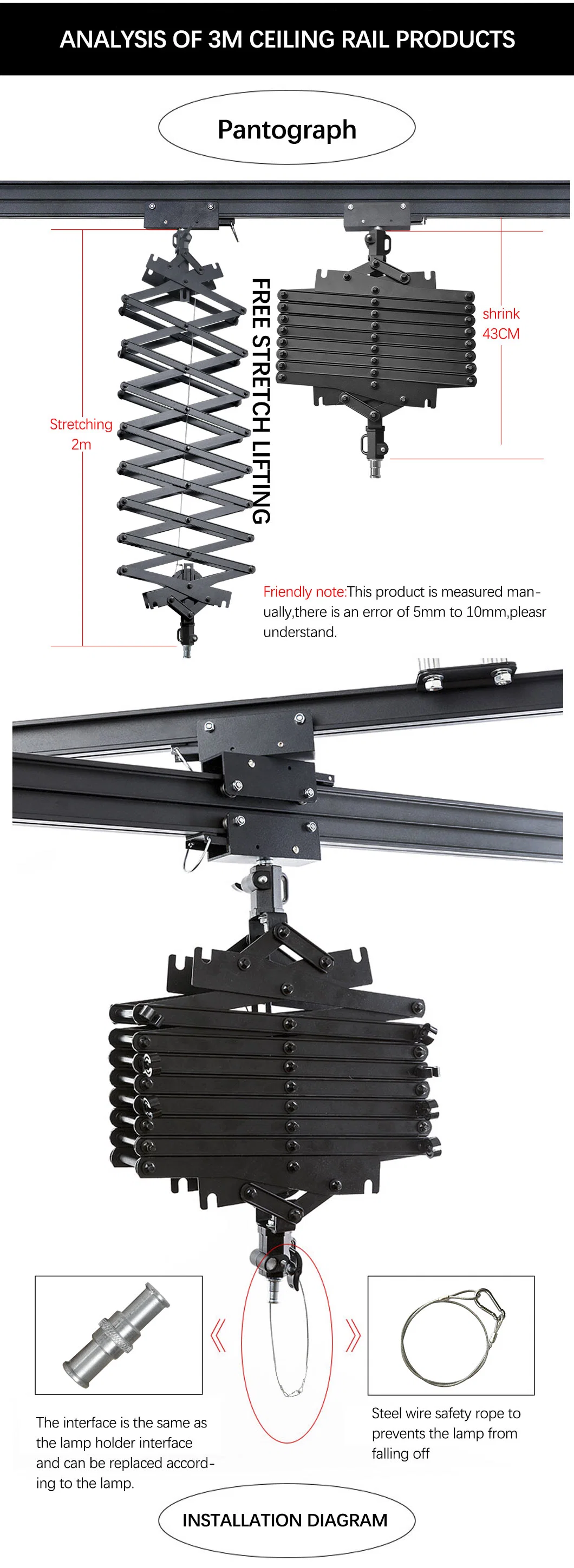 Thlg-44 fábrica Hot Sell Quality Pantograph Studio sistema de rieles de techo Kit completo con soporte de iluminación para el estudio de la lámpara de techo de la fotografía Sistema de rieles