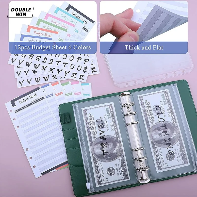 PU Leather Notebook Binder A5 A6 Budget Planner Pocket Personal Cash Budget Envelopes System 6 Hole PVC Zipper Binder