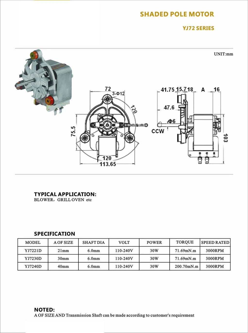 High quality/High cost performance AC Shaded Pole Electric Motor for Hand Juicer/Mincer/Cross Fan/Heater