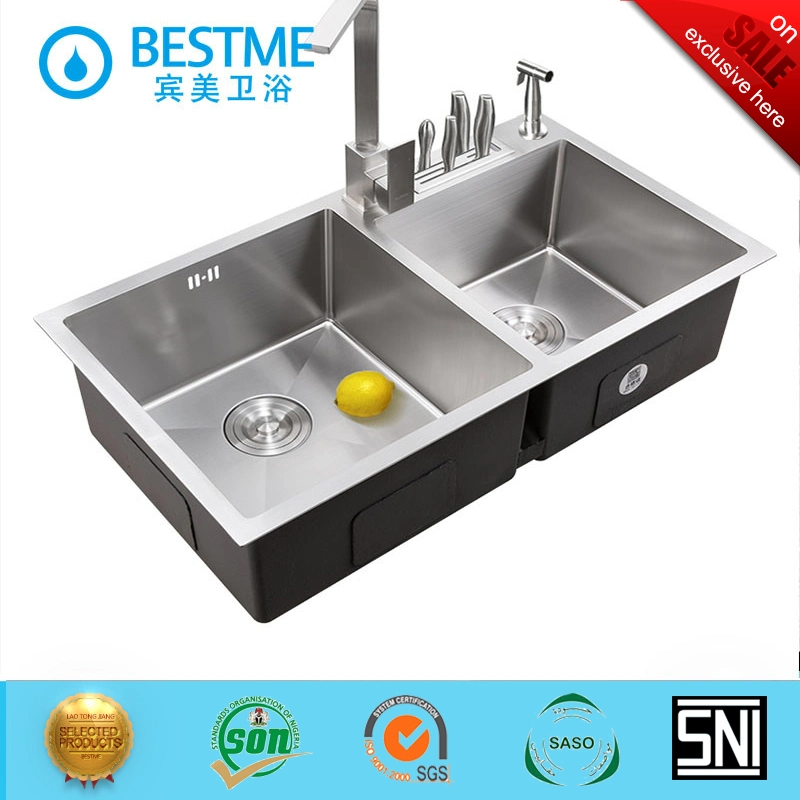 Foshan Supplier Hand-Made 304 201 Stainless Steel 7843 Kitchen Products Double Bowl Kitchen Sink (BS-310R-304)