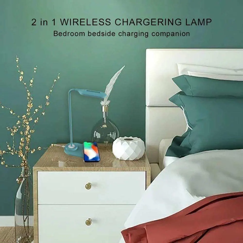 360 Degree Rotation Wireless Charger 10W LED Dimmable Adjustable Table Book Light 3 Level Dimmer Touch Folding Bedside Desk Lamp