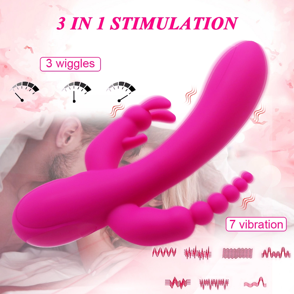 Powerful Silicone Anal Vaginal Clit Stimulator Massager 3 in 1 Rechargeable Sex Toy Dildo Rabbit Vibrator