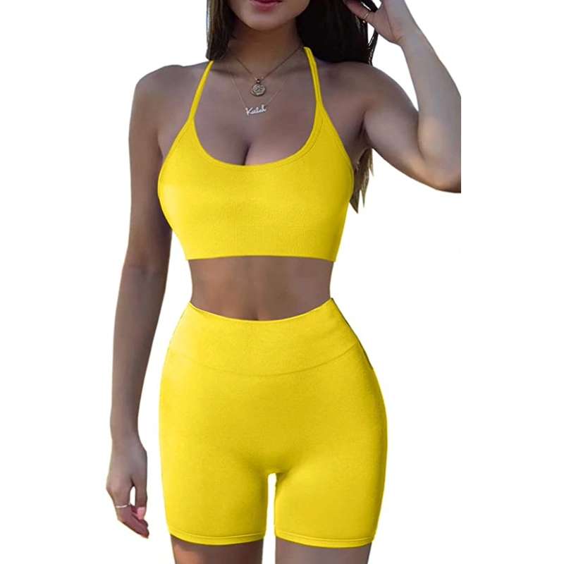 New Fashion Seamless Butt Lift Workout Apparel for Women, 2 Piece Cute Shorts Set Sexy Exercise Yoga Sports Bra High Waist Biker Shorts Summer Running Outfits