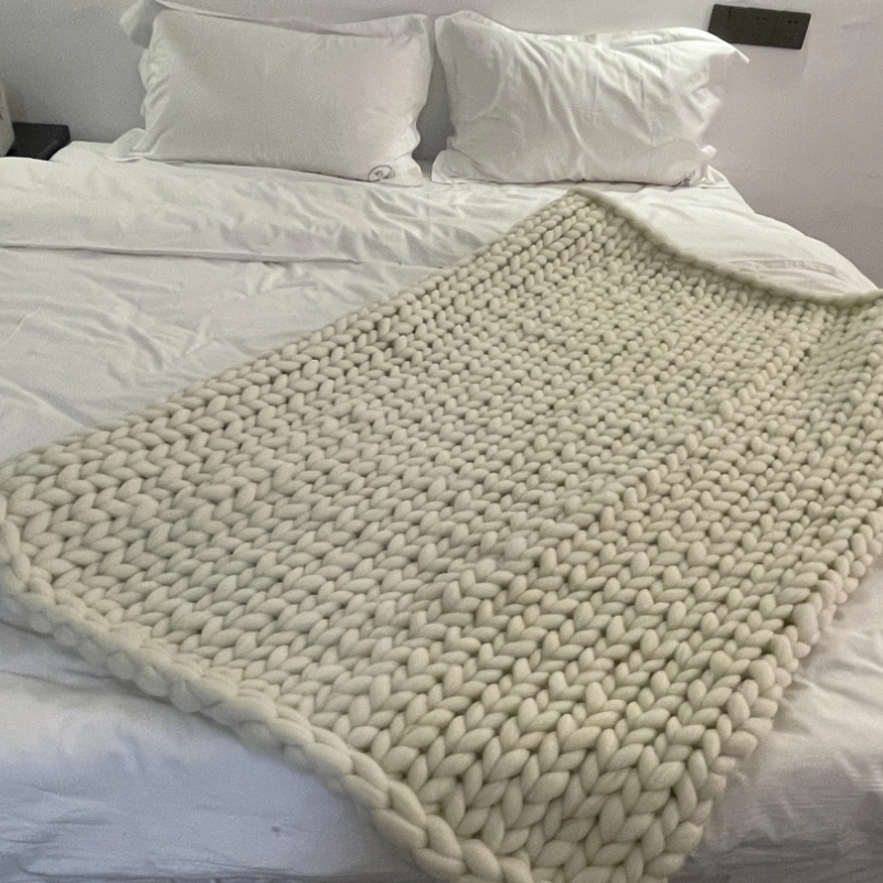 Handmade Crochet Chunky Weighted Knit Merino Wool Blanket Chenille Bed Sofa Throw Blankets