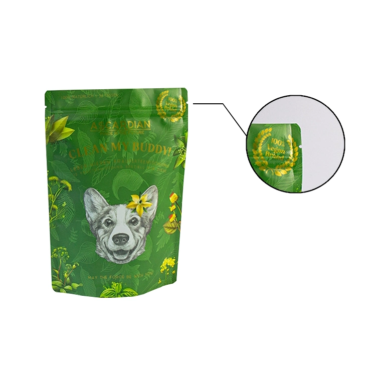 Lámina de aluminio impresión brillante mate Eco friendly Recycable Pet Dog Cat Snacks Zipper Alimentos plástico Embalaje Bolsa de soporte