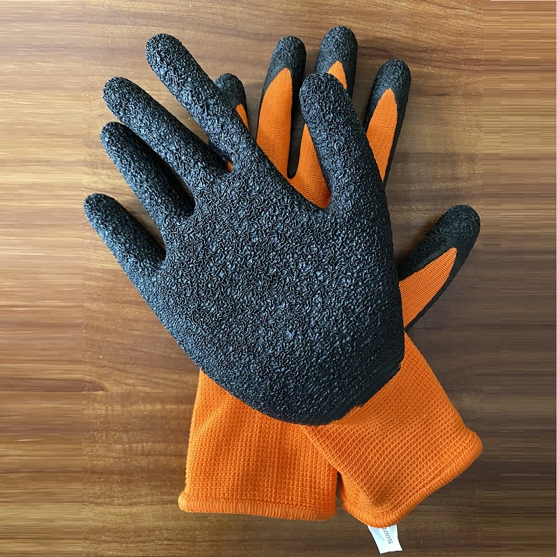 Knitted Polyester Nylon Wrinkle Latex Coated Rubber Working Safety Gloves Construction Garden