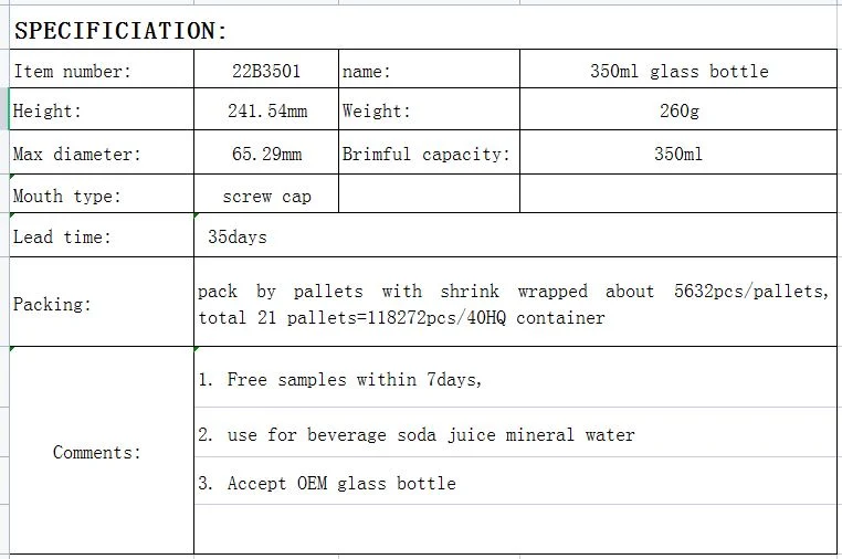 350ml Flint Green Beverage Milk Soda Juice Mineral Water Glass Bottle for Wholesale/Supplier