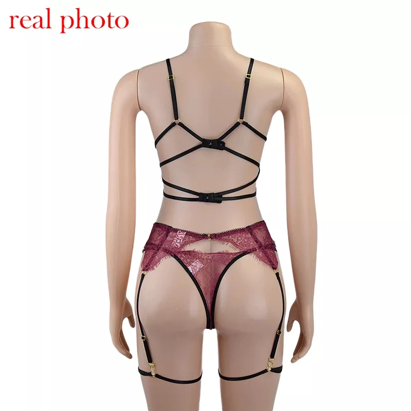 Ladies Lace Lingerie Women Sexy Underwear Lace Underwear with Garter Red Sheer Lingerie