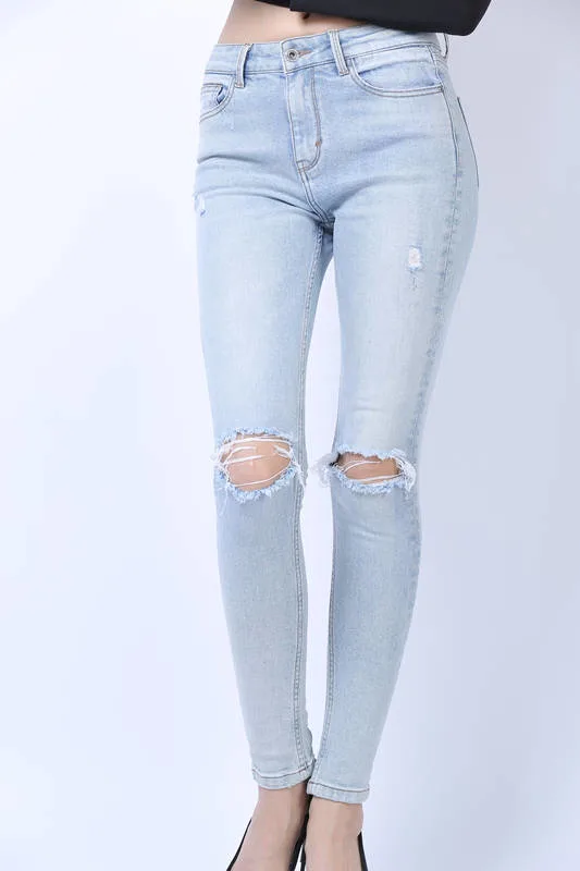 Moda mujeres Jeans OEM Niza enzima Ripper lavado skinny Fit Jeans denim para mujer de color azul claro