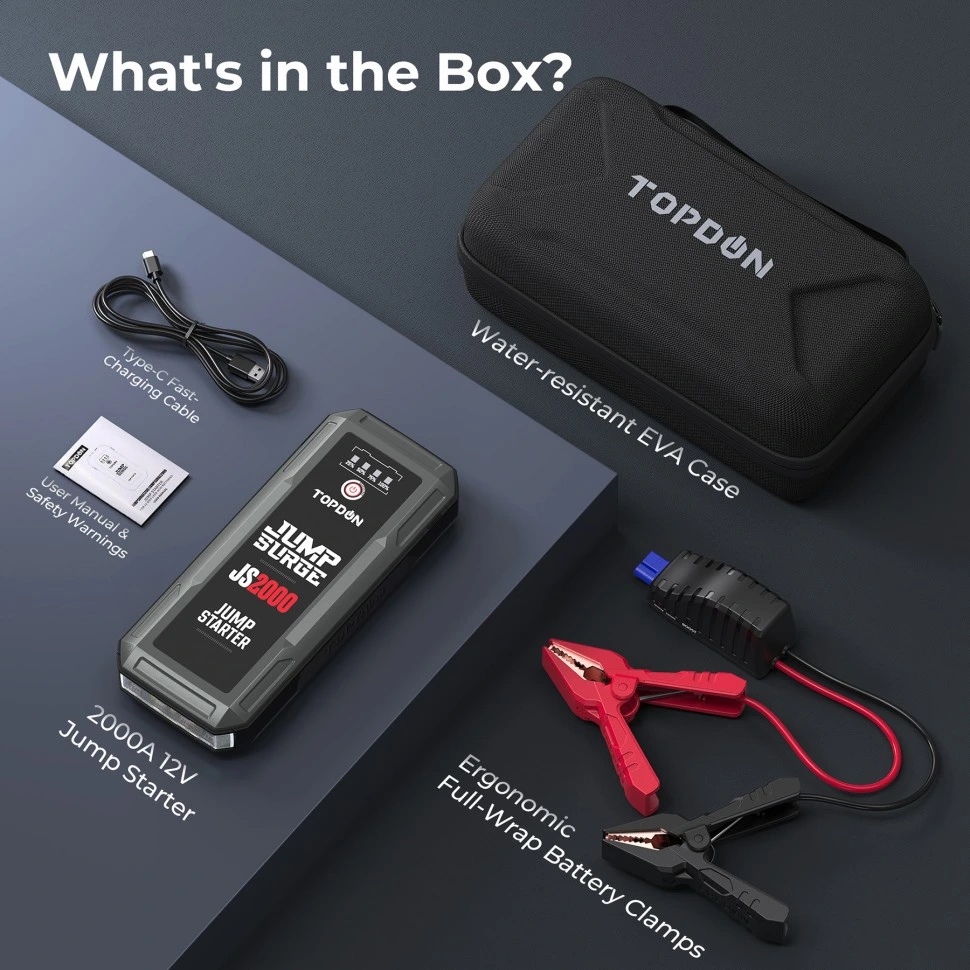 Topdon Js2000 2000A 12V 16000mAh 35 Starts Per Charge Portable Emergency Auto Battery Boost Booster Jumper Box Pack Kit Power Bank Car Peak Mini Jump Starter