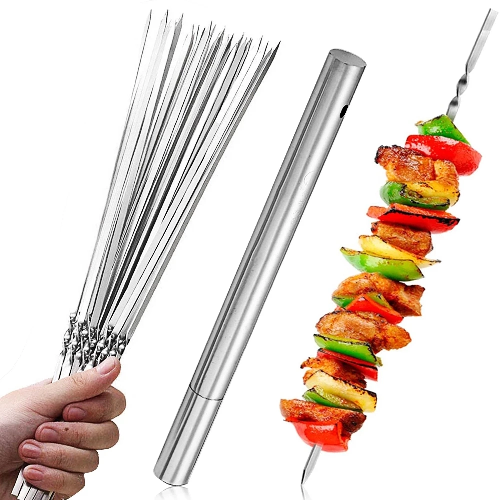 Custom Logo Skewers for Barbecue Reusable Grill Stainless Steel Skewers Shish Kebab BBQ Camping Flat Forks Gadgets Kitchen Accessories Tools