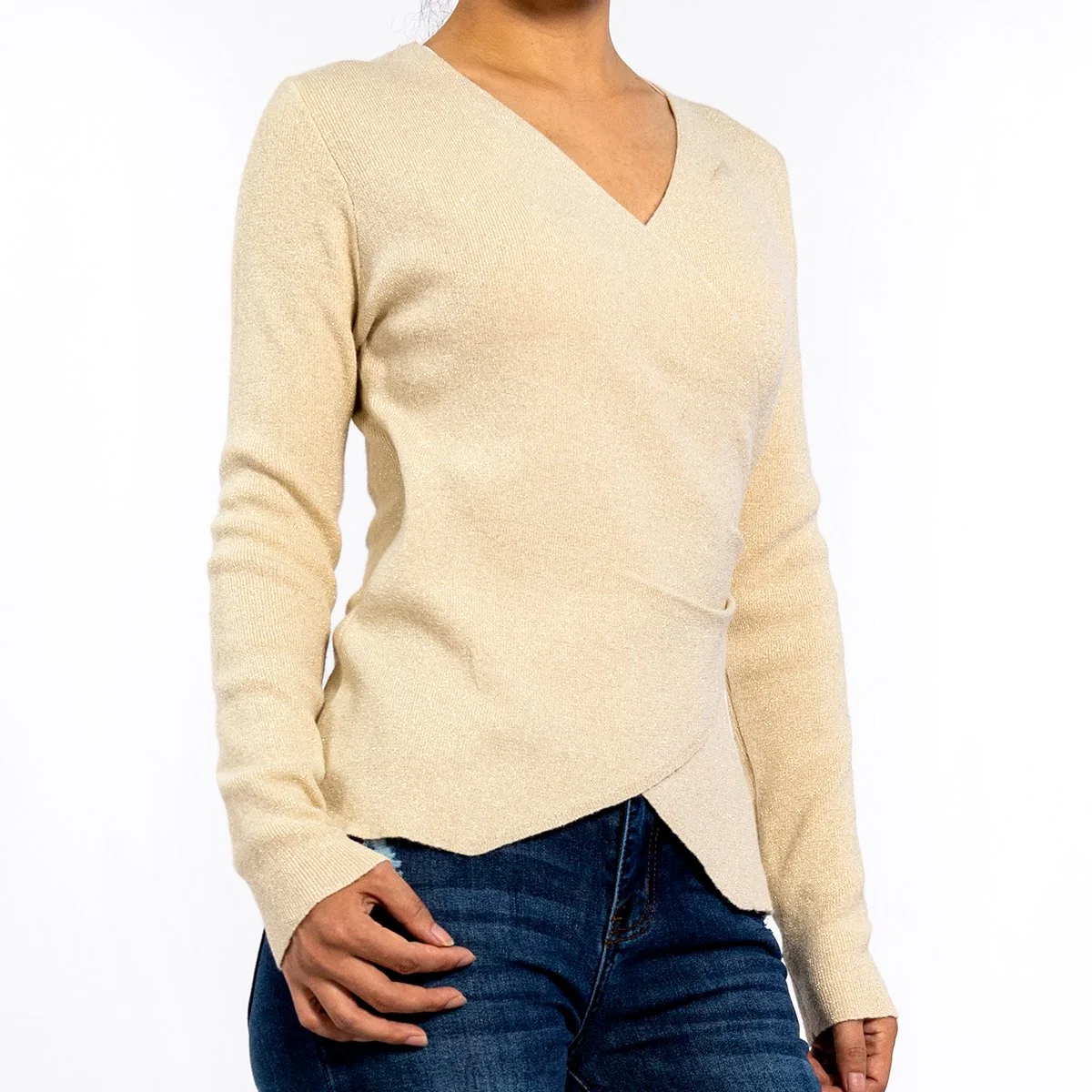 Women's Knitted V-Neck Lurex Yarn Irregular Design Pressed Long Sleeve Pullover Cropped Sweater