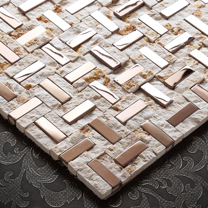 Luxury Design Natural Stone Mix Metal Rose Gold Stainless Steel Mosaic Tile Decorative