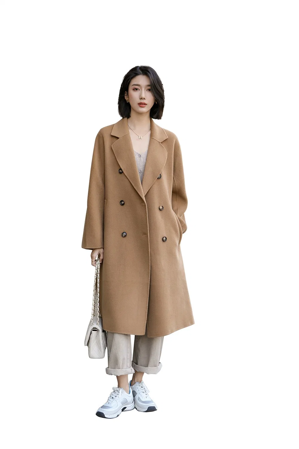 Double Breasted Solid Woolen Handmade Women Long Trench Coat