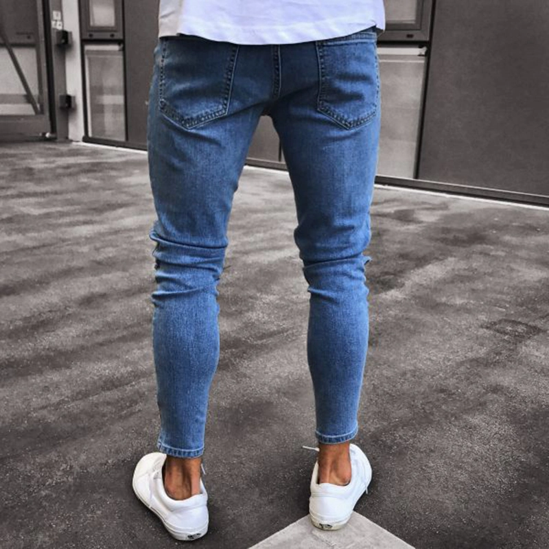 New Jeans Men's Hot Cross-Border Denim Knee Rips Zipper Trousers Zipper Men's Denim Pants