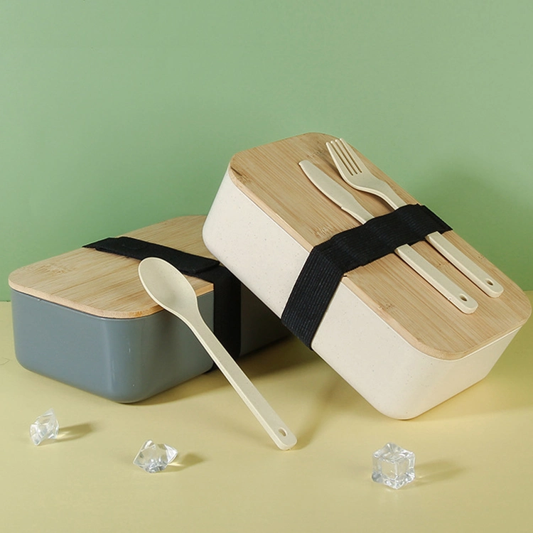 Hot Portable Leakproof Wooden Office Bento Box Bamboo Lid Fiber Plastic Lunch Box with Cutlery for Adults