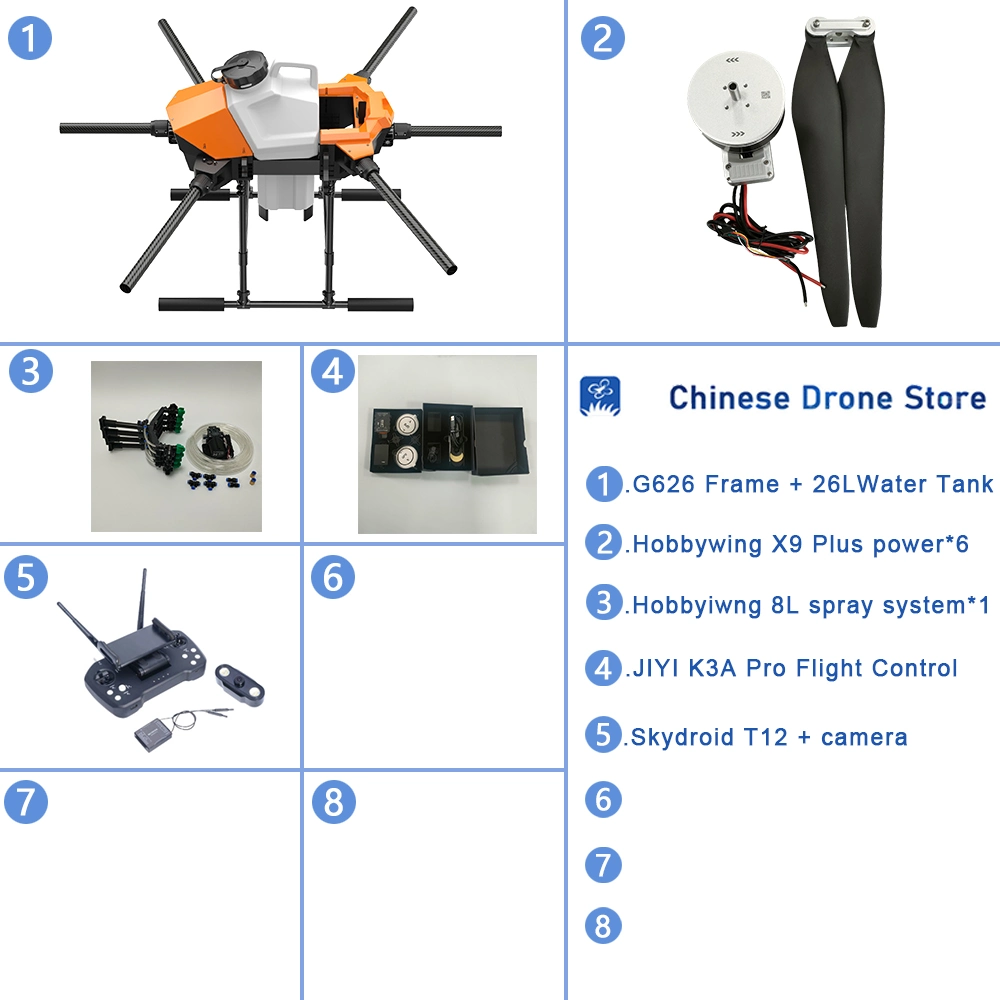 Eft G626 Six-Axis 26L 25kg Agricultural Spray Drone 5L 8L Pump Vd32 T12 H12 K++ K3a with Hobbywing X9 Power System Kit