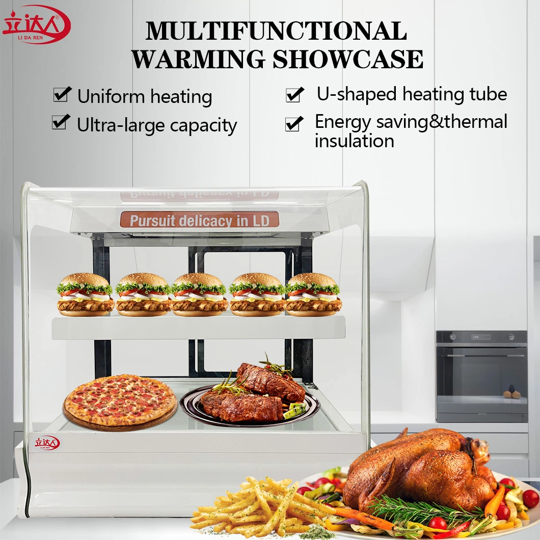 Hamburger dinde Bacon chauffe-repas Vente à chaud acier inoxydable commercial Vitrine de présentation en verre avec écran chauffant incurvé armoire de présentation chauffe-repas Équipement de boulangerie