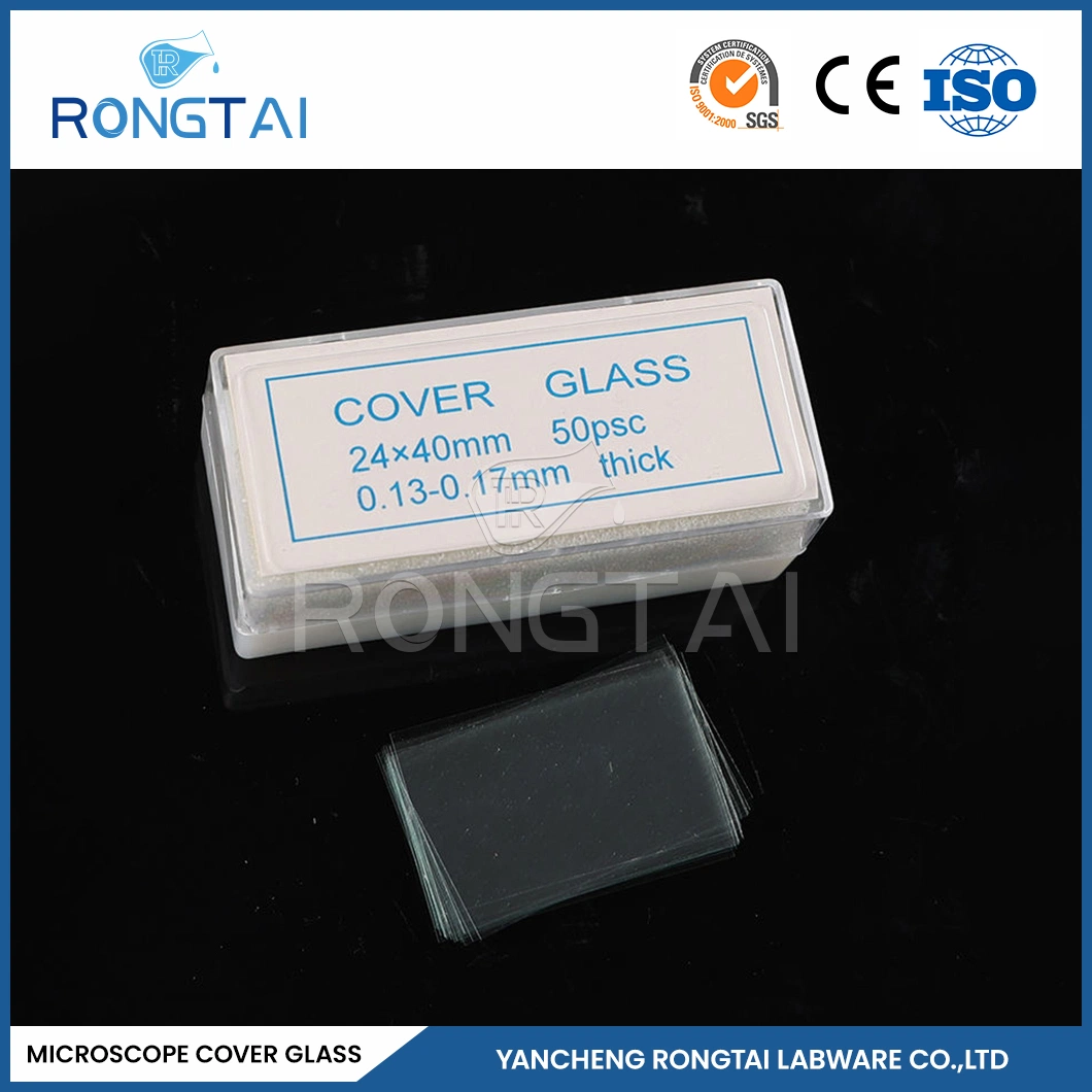 Tapa de microscopio Rongtai funda protectora vidrio fábrica de vidrio para portaobjetos Microscopio China 24X24mm vidrio de borosilicato tapa de microscopio deslizante