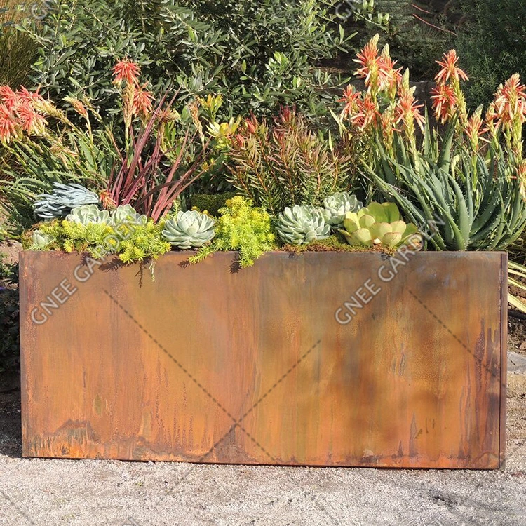 Vente chaude de pots de fleurs rectangulaires en acier corten pour sol.