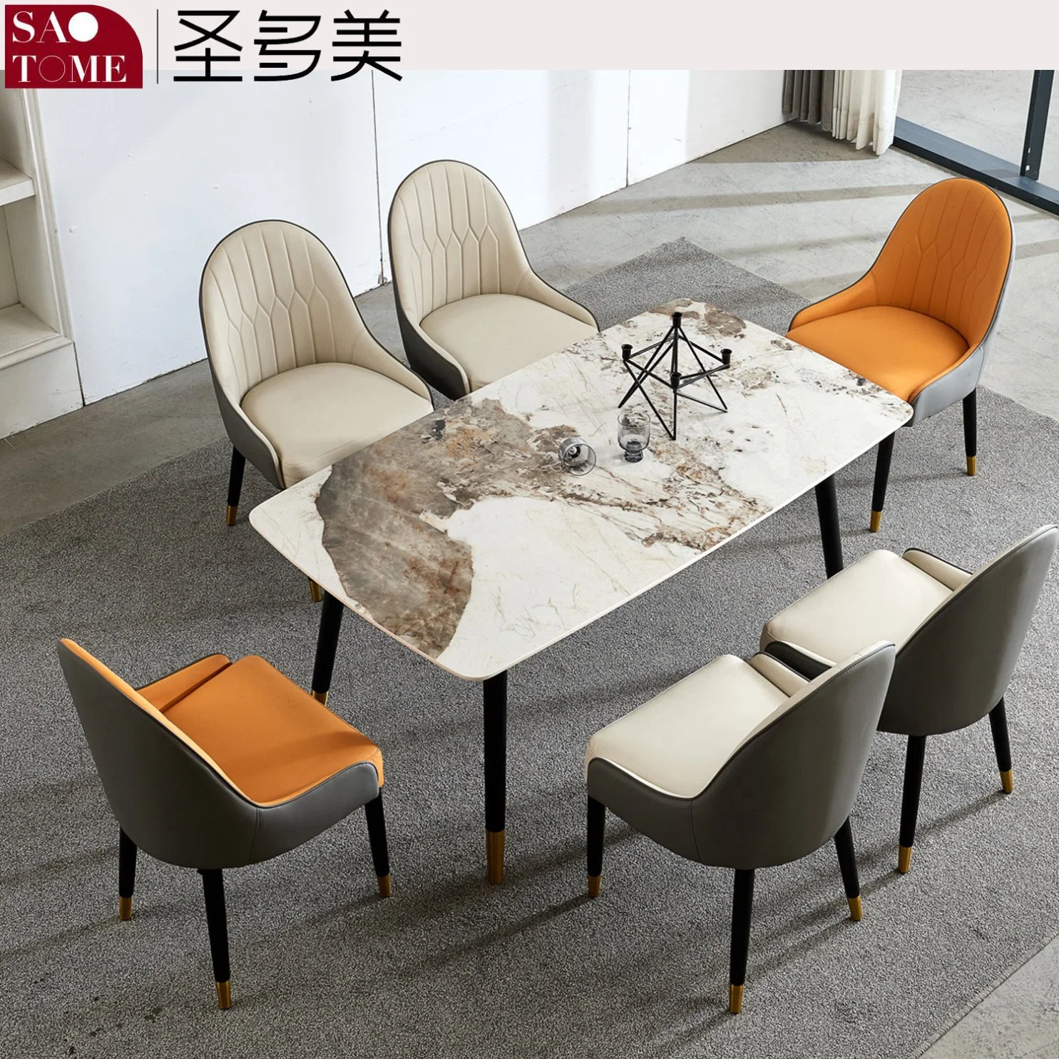 Modern Rock Board Furniture White Wax Wood with Copper Set Dining Table