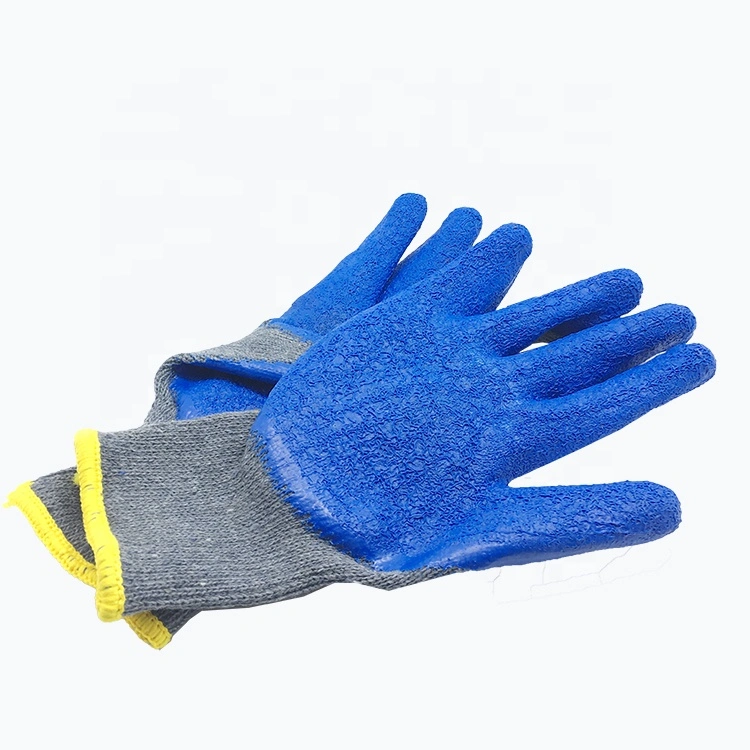 Blue Latex Grey Cotton Yarn Crinkle Finished Latex Coated Cotton Wrinkle Gloves