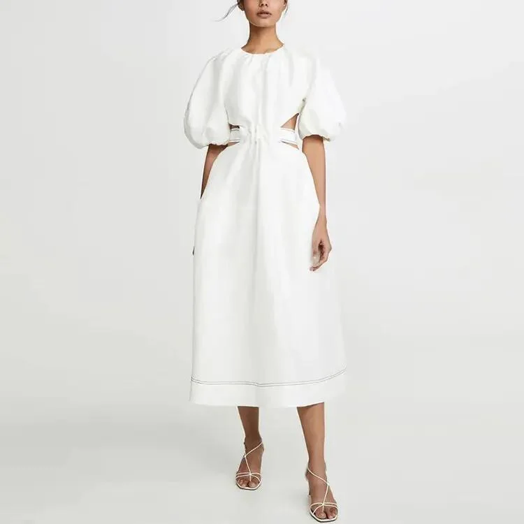 Vestuário feminino de outono designs ocidentais com puff belted Sleeve Cutout Beach Vacation MIDI Dress Momodesta Women White Linen Dress Long