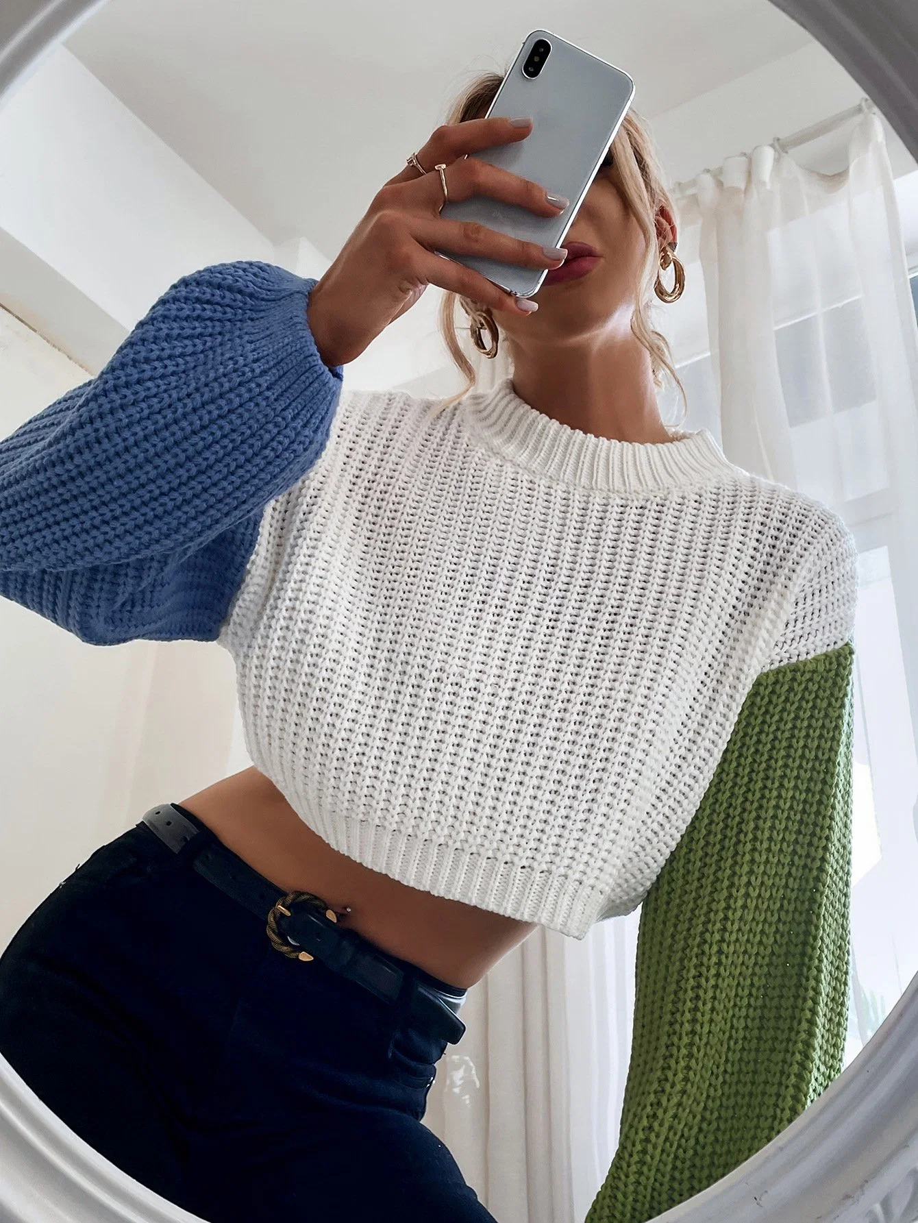 American Style Persönlichkeit Bump Farbe Ärmel kurze Frauen gestrickt zweifarbig Damen Pullover