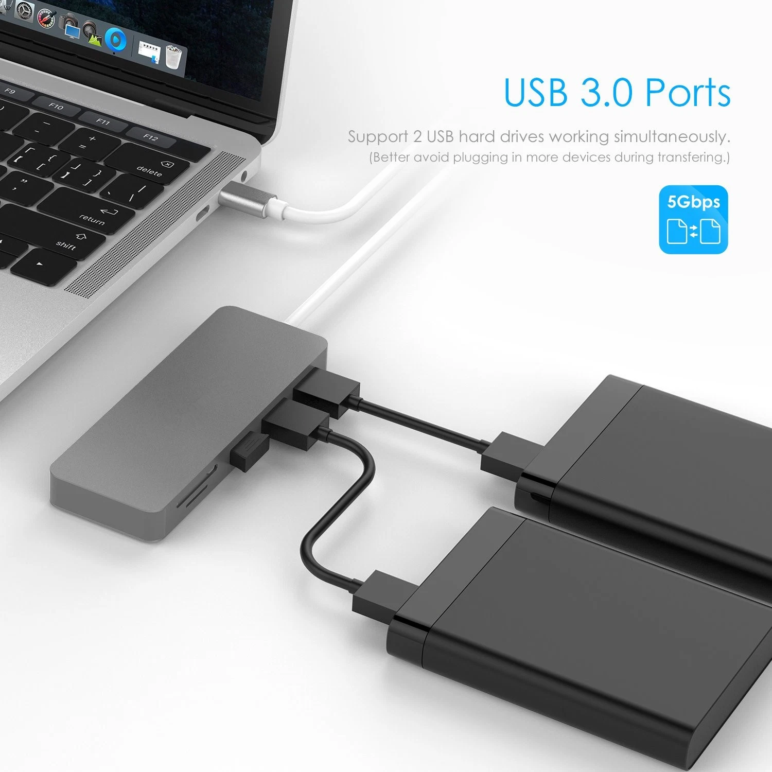 La aleación de aluminio 5-en-1 multipuerto USB Hub con conectores C Lector de tarjetas SD / TF Adaptador USB3.0