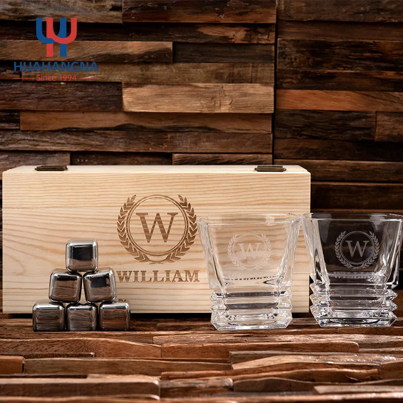 Whiskey Set 2 Pack Custom Logo Crystal Whiskey Stone Gift Set with 6 Stainless Steel Stones in Wooden Box
