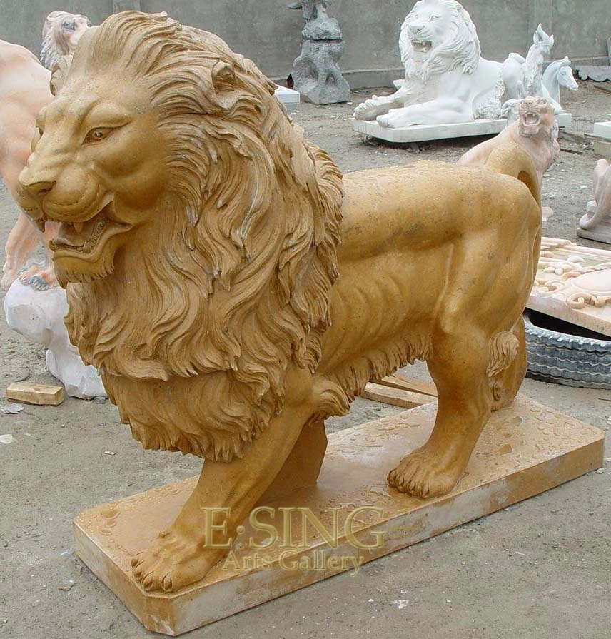 Hand Carved Western Style Life Size Yellow Stone Walking Marble Lion Statue