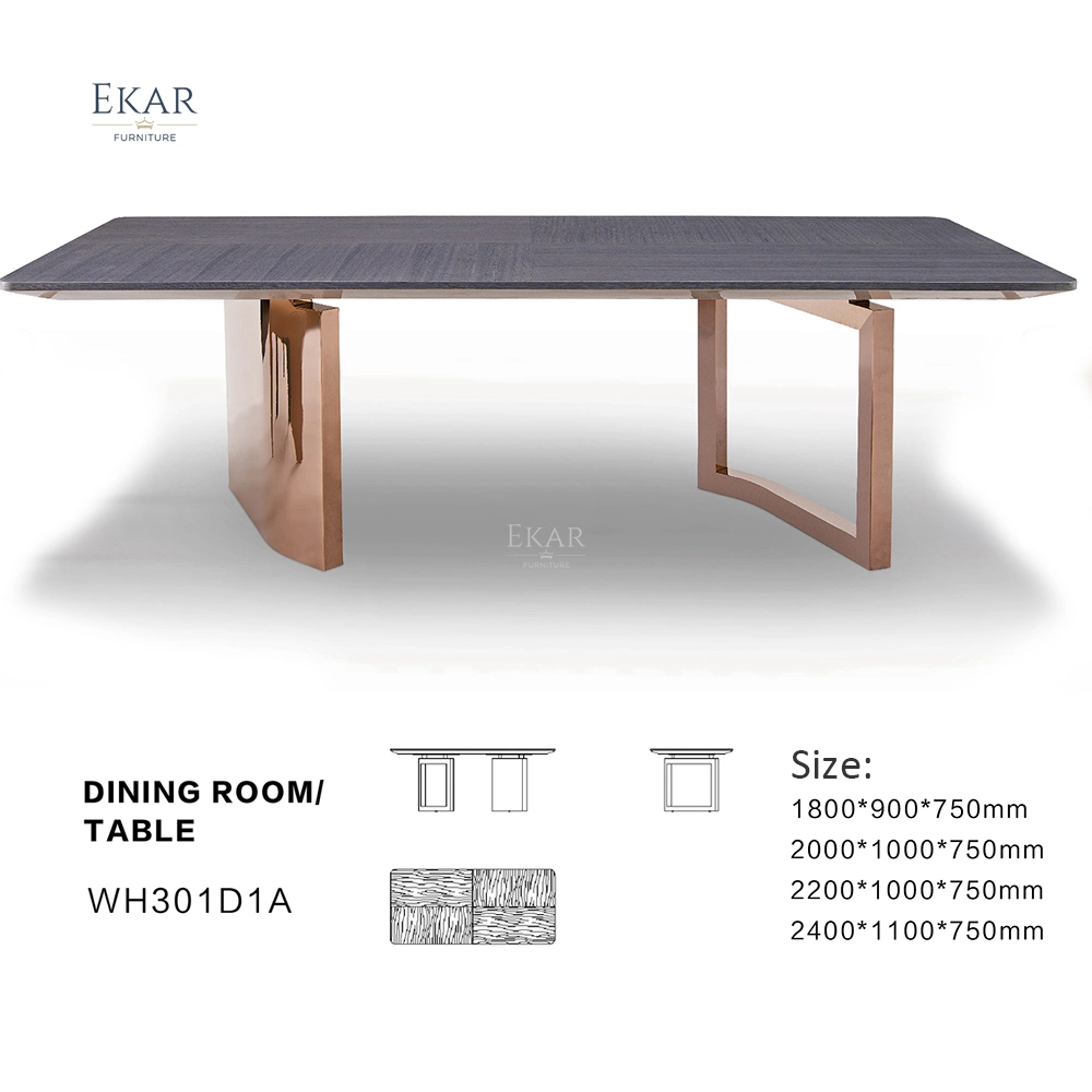 Table de salle à manger rectangulaire avec base en métal haut de gamme au design à la mode.