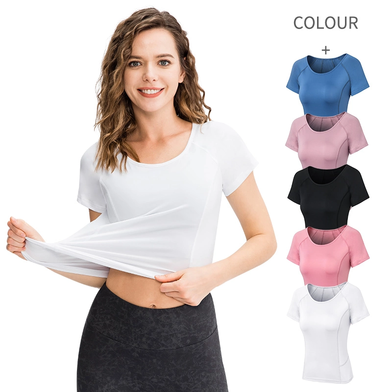 Mujeres Manga corta elástico Casual ejercicio Camisetas Fitness ropa deportiva