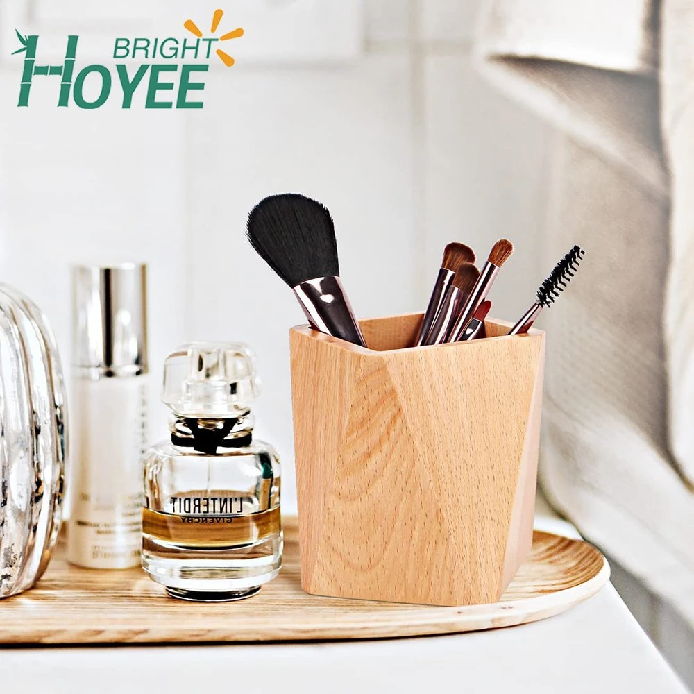 Wooden Pen Holder, Geometric Pencil Stand Makeup Brush Holder