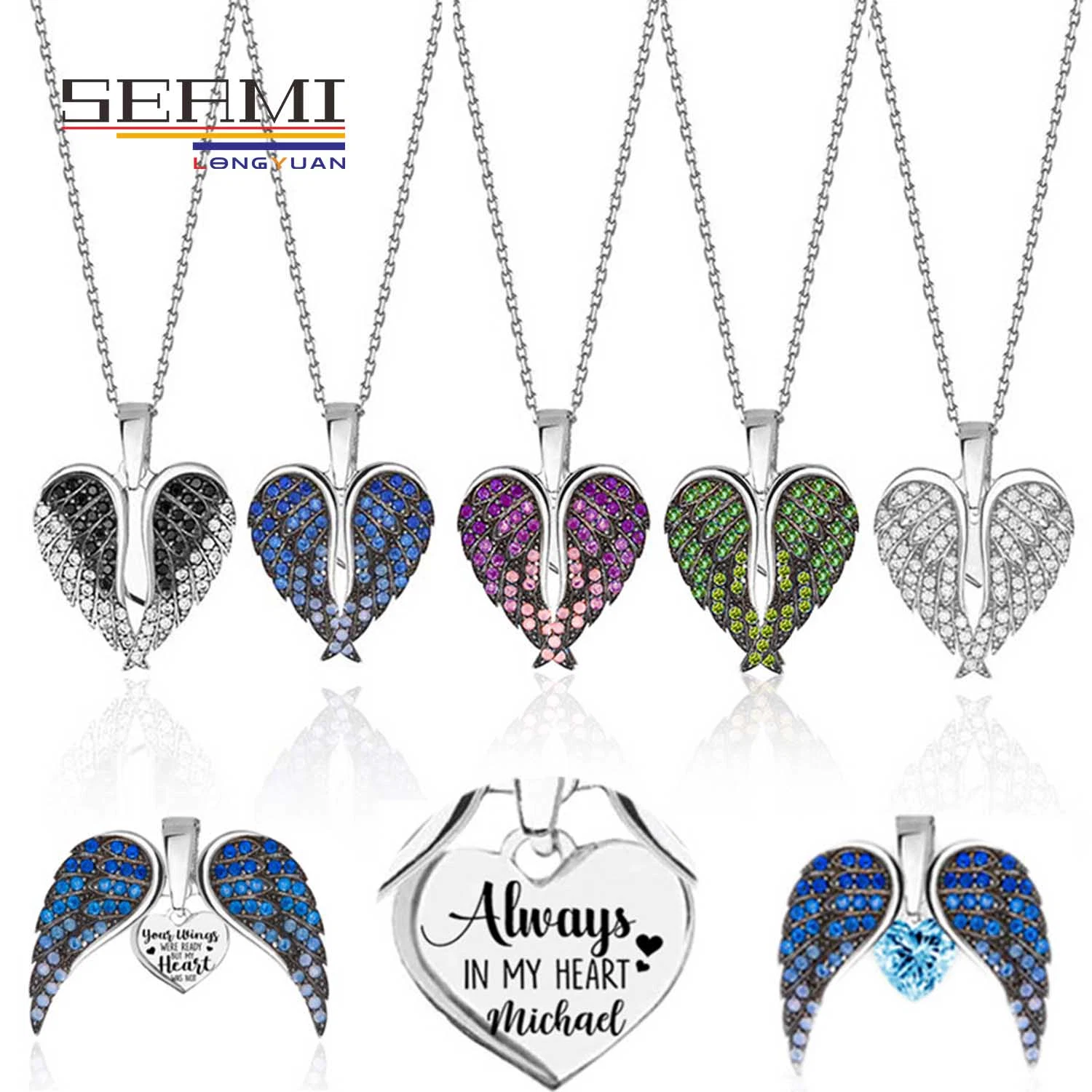 Multicolor Birthstone Female Angel Wing Heart Shaped Pendant Feather Necklace