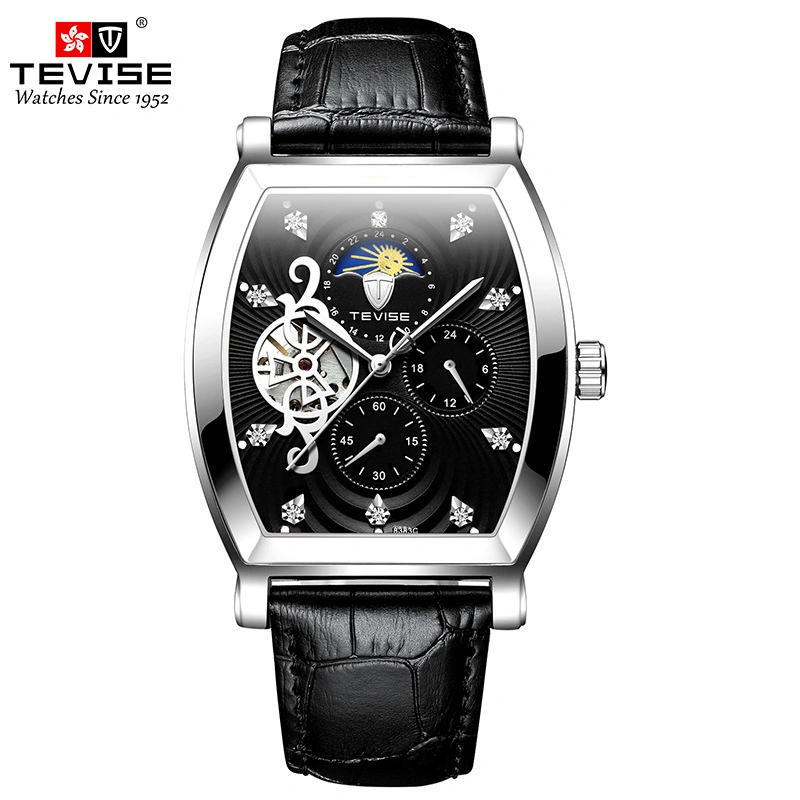 Tevise Hombre automático Reloj de viento Pulsera de acero inoxidable Luna mecánica Fase Tourbillon Wristwatch de moda