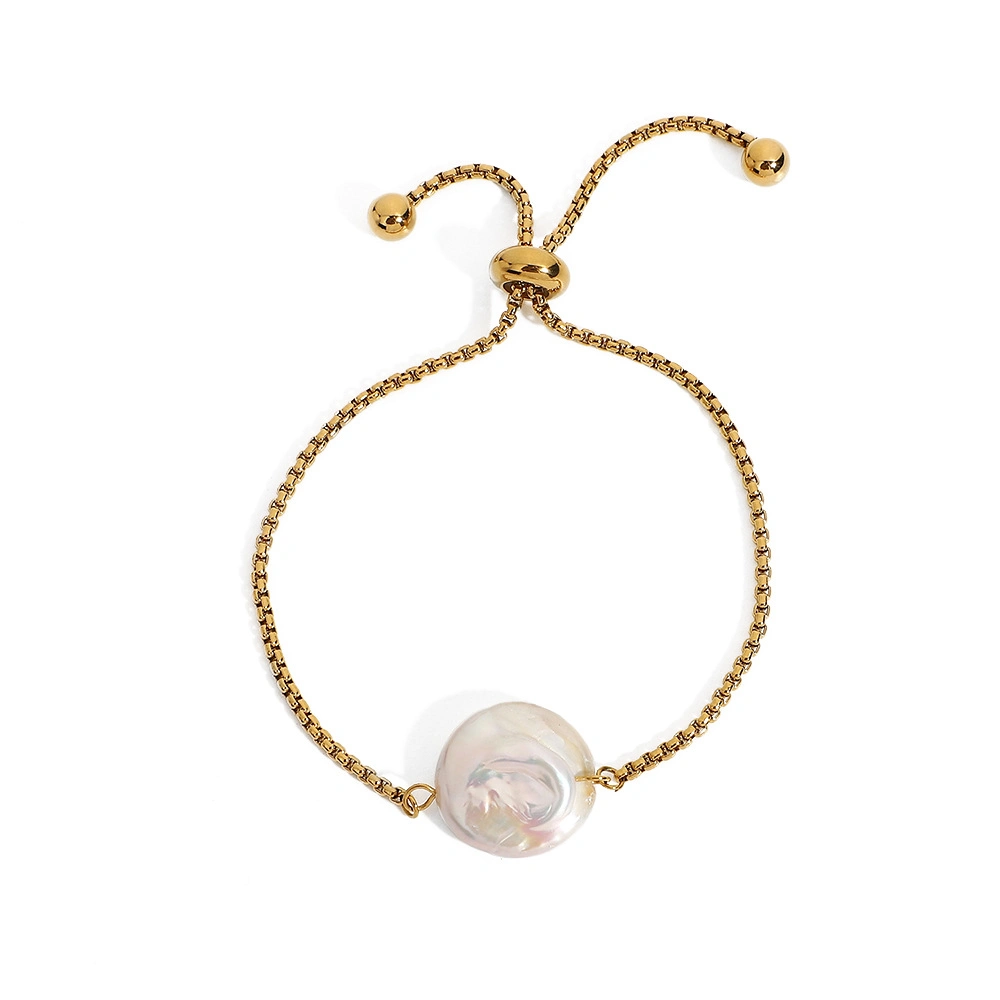 Trendy 18K Gold Plated Stainless Steel Disc Baroque Freshwater Pearl Adjustable Bracelet for Women