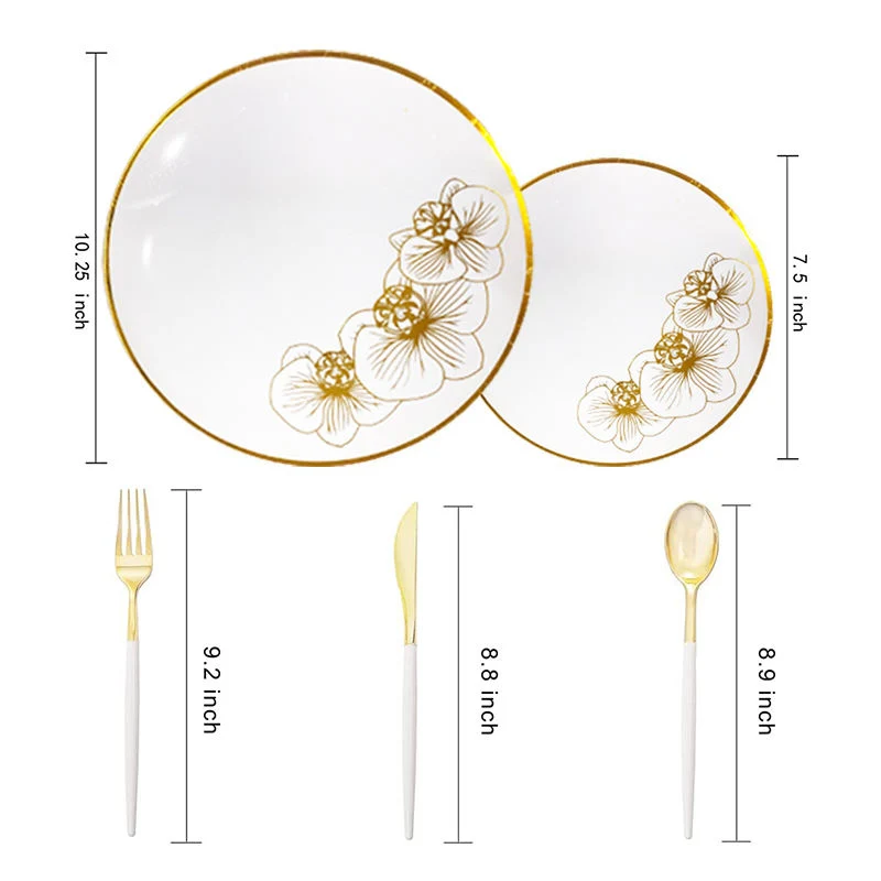 Cutlery Set Spoon and Fork for Party Pink and Gold Rim Plate Flower Dinner Set Plastic Plate Charger Custom