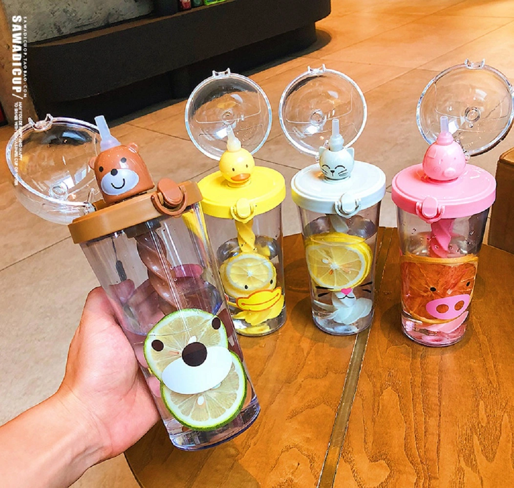 Printed Stirring Water Cup with Straw Portable Plastic Kettle Straw Cartoon Shake Cup Fruit with Juice Mix Wyz17835