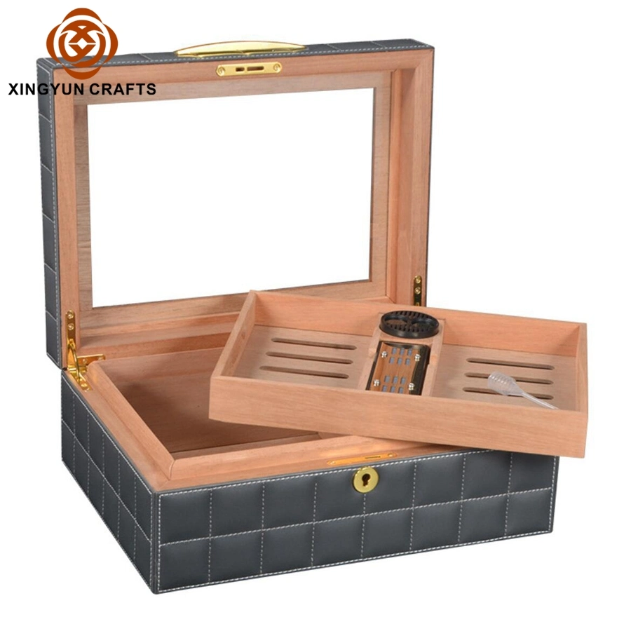 Caja de paquete de Cuero Gris personalizado Caja de paquete de regalo de madera Con ventana de cristal