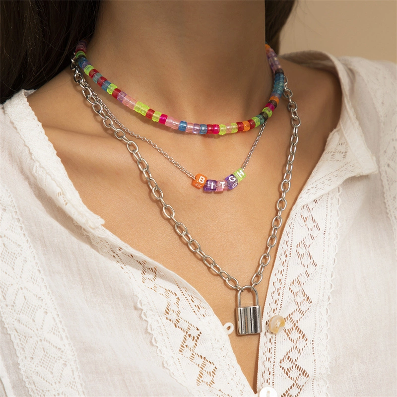 Explosive Bohemia Ins Fashion Women&prime; S Jewelry Beaded Necklace Colorful Acrylic Rice Bead Multi-Layer Silver Lock Pendant Fashion Jewellery Necklace