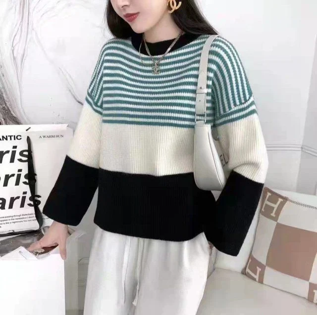 Striped Sweater Female 2023 Autumn New Crew Neck Pullover Sweater Lazy Wind Loose Large Size Leggings Wholesale/Supplier