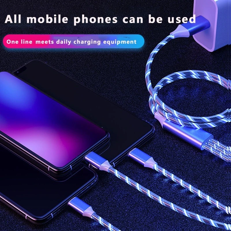 Glowing LED Light 3 in 1 3A Fast Charging Micro USB Type C Cable for Iphones Samsung Phone