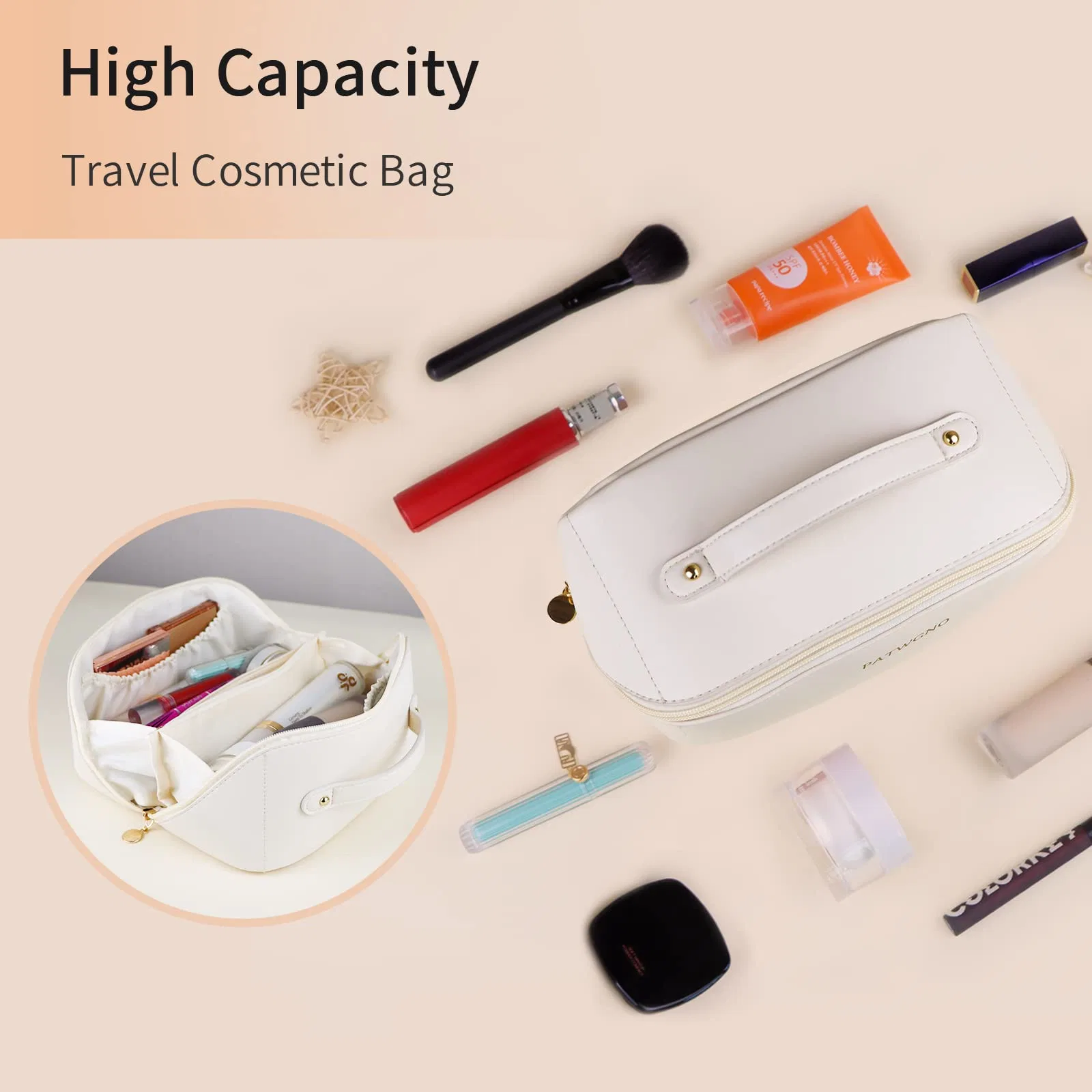 Große Kapazität Reise Kosmetiktasche, Portable Make-up-Tasche öffnet flach für wasserdichte PU-Leder Multifunktions-Aufbewahrung Make-up-Tasche für Frau
