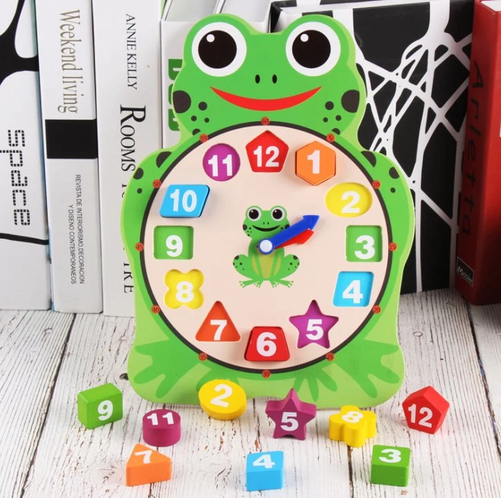 Cartoon Animal Digital Clock Toy Wooden Puzzle Frog Shape Kindergarten Children Teaching Kids Toy